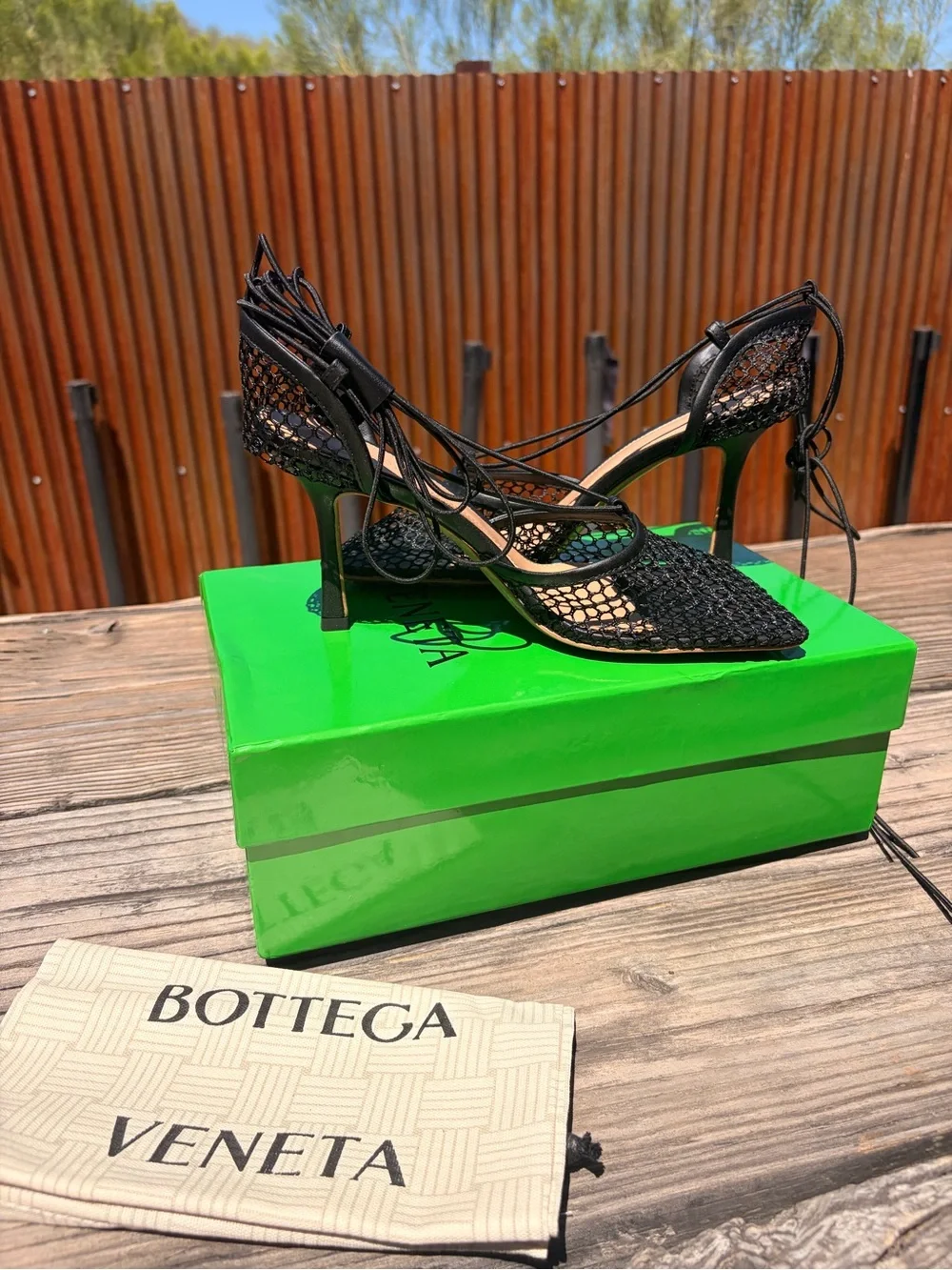 Never Worn Bottega Veneta Black Mesh Lace-Up Stiletto Heels